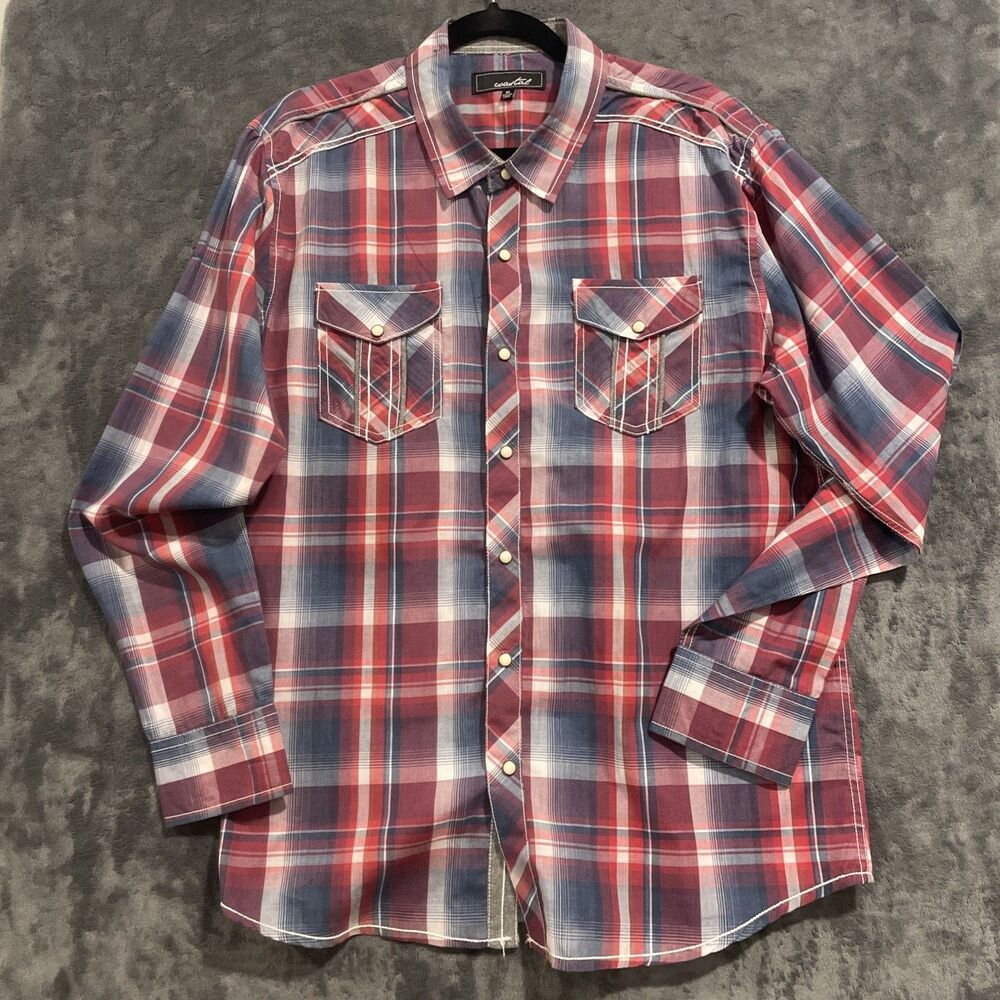 Coastal Snap Up Shirt Mens XL - Long Sleeve Blue & Red Plaid 100% Cotton Casual